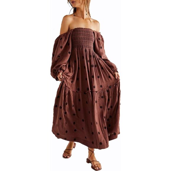 Women Bohemian Floral Maxi Dress Long Puffed Sleeves Square Neck
